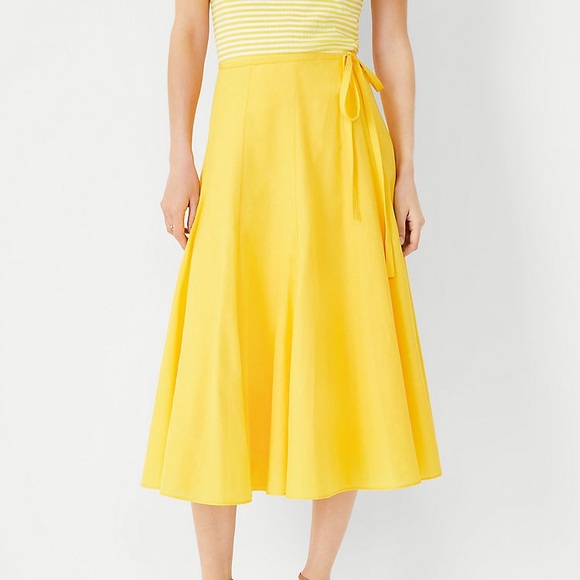Ann Taylor Dresses & Skirts - 🧡💚💙💛 Ann Taylor Canary Yellow Wrap Tie Waist Godet Midi Circle Skirt Size 8